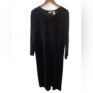 LL Bean Velour Maxi Dress Women’s Size Large Petite Black Full Button Lagenlook